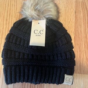C.C Kids Black Knit Beanie with Faux Fur Pom